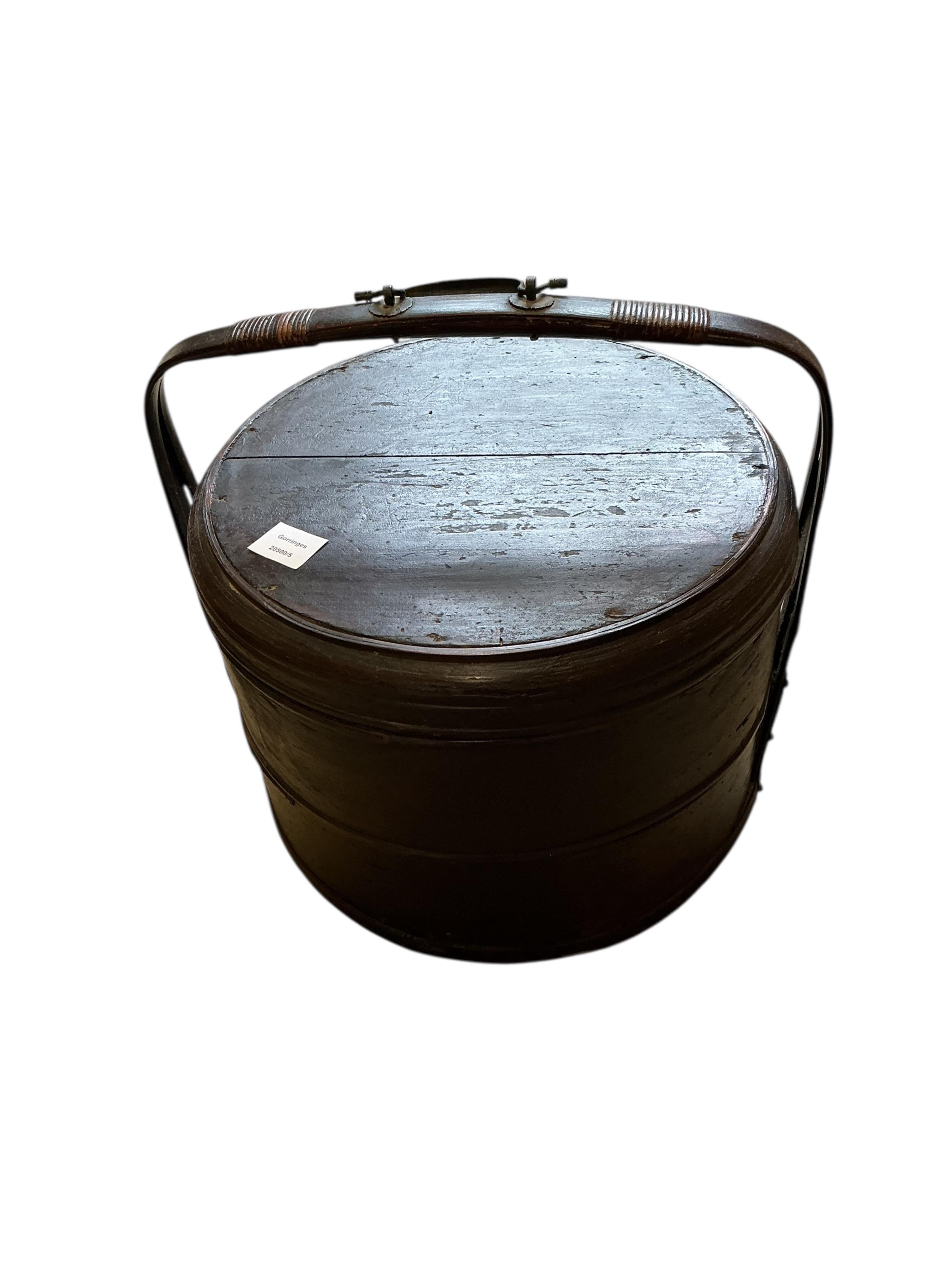 A Chinese rectangular bamboo and rattan box, width 56cm, depth 40cm, height 26cm together with a Chinese circular sectional box